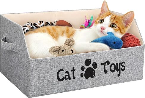 2X Thicker Large Cat Toy Bin Collapsible Cat Toy Box Sturdy Cat Toy Basket Kitten Toy Storage Bed for Organizing Cat Toys Treats Clothes and Accessories (Grey) in Kuwait