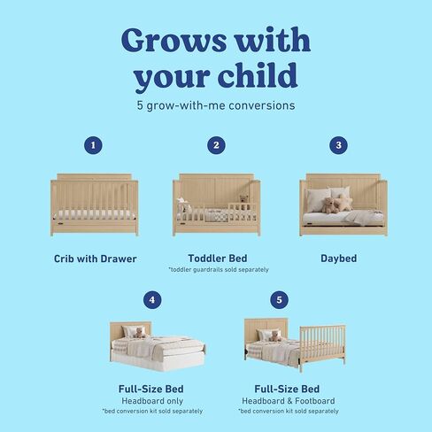 Graco Hadley 5-in-1 Convertible Crib with Drawer – GREENGUARD Gold Certified, Fits Standard Crib Mattress, Converts to Toddler Bed, Daybed and Full Bed, 4 Adjustable Mattress Heights (Driftwood) | GREENGUARD Gold Certified, Fits Standard Crib Mattress, Co in Kuwait