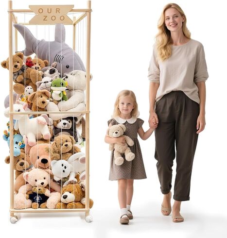 Stuffed Animal Storage Zoo with Wheels, Wooden Large Stuff Animals Plushies Holder, 22.5" D x 22.5" W x 64" H Toy Organizer Storage Cage with Elastic Band and Net for Nursery Playroom Bedroom in Kuwait