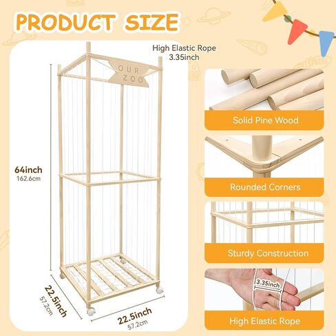 Stuffed Animal Storage Zoo with Wheels, Wooden Large Stuff Animals Plushies Holder, 22.5" D x 22.5" W x 64" H Toy Organizer Storage Cage with Elastic Band and Net for Nursery Playroom Bedroom in Kuwait
