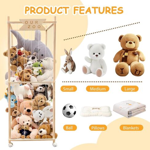 Stuffed Animal Storage Zoo with Wheels, Wooden Large Stuff Animals Plushies Holder, 22.5" D x 22.5" W x 64" H Toy Organizer Storage Cage with Elastic Band and Net for Nursery Playroom Bedroom in Kuwait