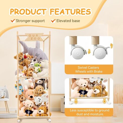 Stuffed Animal Storage Zoo with Wheels, Wooden Large Stuff Animals Plushies Holder, 22.5" D x 22.5" W x 64" H Toy Organizer Storage Cage with Elastic Band and Net for Nursery Playroom Bedroom in Kuwait