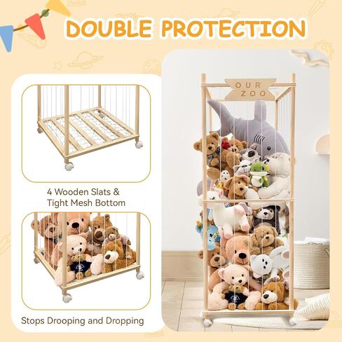 Stuffed Animal Storage Zoo with Wheels, Wooden Large Stuff Animals Plushies Holder, 22.5" D x 22.5" W x 64" H Toy Organizer Storage Cage with Elastic Band and Net for Nursery Playroom Bedroom in Kuwait