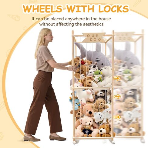 Stuffed Animal Storage Zoo with Wheels, Wooden Large Stuff Animals Plushies Holder, 22.5" D x 22.5" W x 64" H Toy Organizer Storage Cage with Elastic Band and Net for Nursery Playroom Bedroom in Kuwait