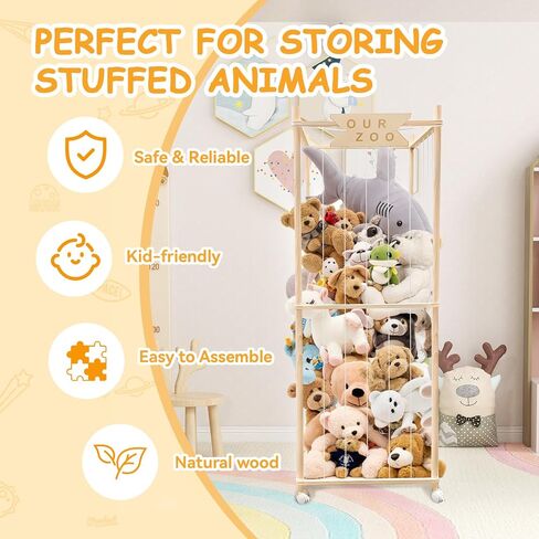 Stuffed Animal Storage Zoo with Wheels, Wooden Large Stuff Animals Plushies Holder, 22.5" D x 22.5" W x 64" H Toy Organizer Storage Cage with Elastic Band and Net for Nursery Playroom Bedroom in Kuwait