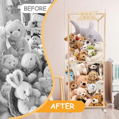 Stuffed Animal Storage Zoo with Wheels, Wooden Large Stuff Animals Plushies Holder, 22.5" D x 22.5" W x 64" H Toy Organizer Storage Cage with Elastic Band and Net for Nursery Playroom Bedroom in Kuwait