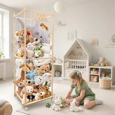 Stuffed Animal Storage Zoo with Wheels, Wooden Large Stuff Animals Plushies Holder, 22.5" D x 22.5" W x 64" H Toy Organizer Storage Cage with Elastic Band and Net for Nursery Playroom Bedroom in Kuwait