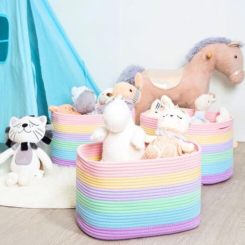 MINTWOOD Design 3-Pack Storage Baskets and Cube Bins for Shelves, Playroom and Classroom, Decorative Woven Closet Organizers for Books, Shoes, and Pantry Items, Pastel Rainbow in Saudi Arabia