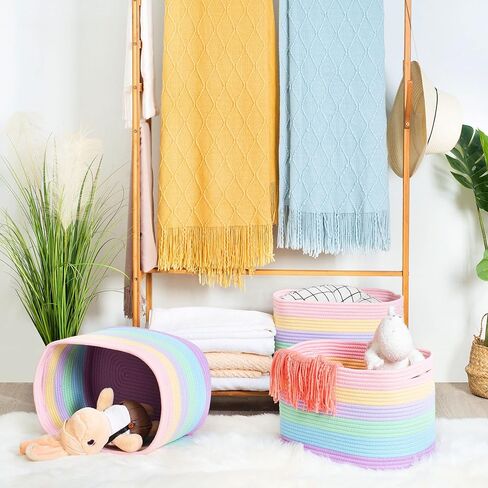 MINTWOOD Design 3-Pack Storage Baskets and Cube Bins for Shelves, Playroom and Classroom, Decorative Woven Closet Organizers for Books, Shoes, and Pantry Items, Pastel Rainbow in Saudi Arabia