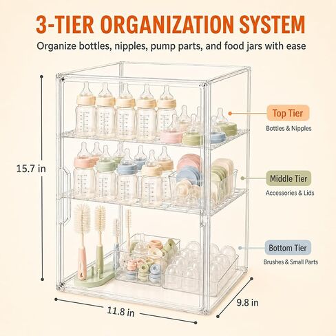 YESGIRL 3-Tier Clear Baby Bottle Organizer | Clear Stackable Acrylic Storage, With Drawer, For Countertop Cabinet Storage, For Nipples Pump Parts Food Jars in Kuwait