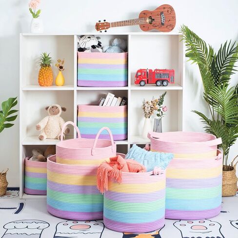 MINTWOOD Design 3-Pack Storage Baskets and Cube Bins for Shelves, Playroom and Classroom, Decorative Woven Closet Organizers for Books, Shoes, and Pantry Items, Pastel Rainbow in Saudi Arabia