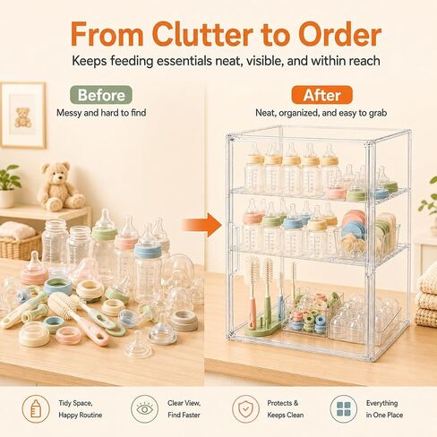 YESGIRL 3-Tier Clear Baby Bottle Organizer | Clear Stackable Acrylic Storage, With Drawer, For Countertop Cabinet Storage, For Nipples Pump Parts Food Jars in Kuwait