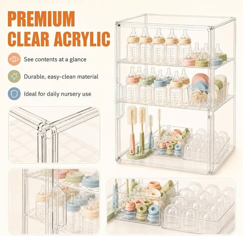 YESGIRL 3-Tier Clear Baby Bottle Organizer | Clear Stackable Acrylic Storage, With Drawer, For Countertop Cabinet Storage, For Nipples Pump Parts Food Jars in Kuwait