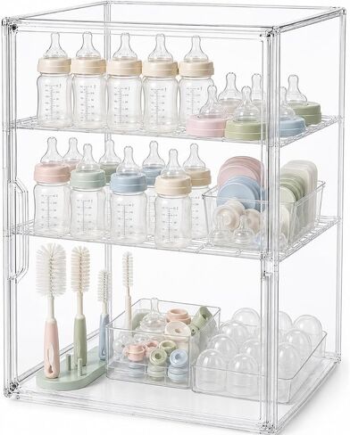 YESGIRL 3-Tier Clear Baby Bottle Organizer | Clear Stackable Acrylic Storage, With Drawer, For Countertop Cabinet Storage, For Nipples Pump Parts Food Jars in Kuwait