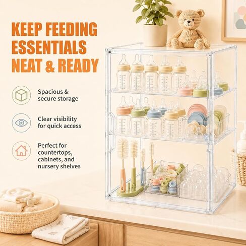 YESGIRL 3-Tier Clear Baby Bottle Organizer | Clear Stackable Acrylic Storage, With Drawer, For Countertop Cabinet Storage, For Nipples Pump Parts Food Jars in Kuwait