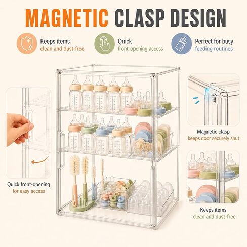 YESGIRL 3-Tier Clear Baby Bottle Organizer | Clear Stackable Acrylic Storage, With Drawer, For Countertop Cabinet Storage, For Nipples Pump Parts Food Jars in Kuwait