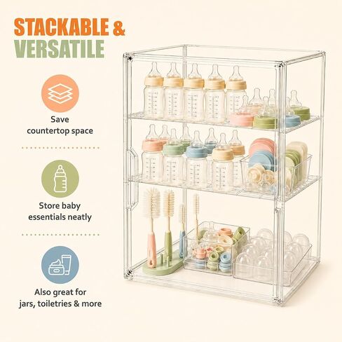 YESGIRL 3-Tier Clear Baby Bottle Organizer | Clear Stackable Acrylic Storage, With Drawer, For Countertop Cabinet Storage, For Nipples Pump Parts Food Jars in Kuwait