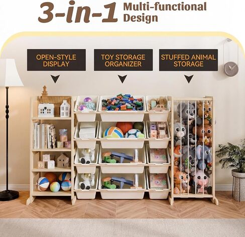 Large Toy Storage Organizer with Stuffed Animal Zoo Storage, Toy Organizers Bookshelf, Toy Shelf for Playroom, Nursery, Bedroom, Pine Wood in Kuwait