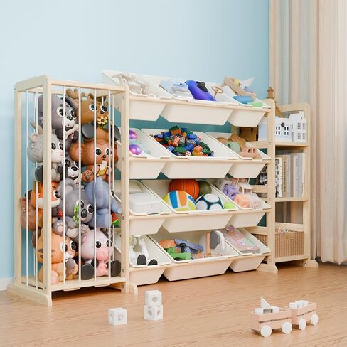 Large Toy Storage Organizer with Stuffed Animal Zoo Storage, Toy Organizers Bookshelf, Toy Shelf for Playroom, Nursery, Bedroom, Pine Wood in Kuwait