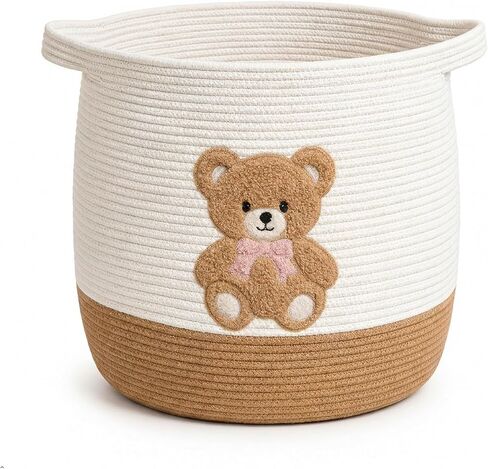 Baby Laundry Basket, Toy Storage Basket for Kids, Large Nursery Storage Basket with Pink Bow Design, Cotton Rope Organizer Bin with Handles for Toys, Blankets, Clothes and Baby Essentials in Kuwait
