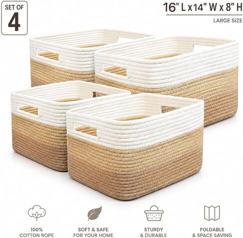 4 Pack Cotton Rope Storage Bins, 16x14x8 Inch Large Basket for Shelves, Closet, Nursery, Towels, Toys in Kuwait