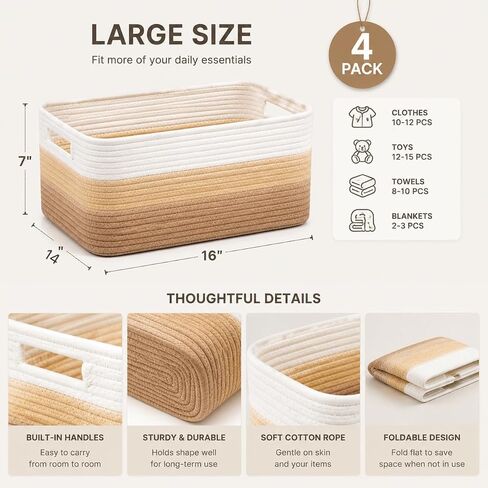 4 Pack Cotton Rope Storage Bins, 16x14x8 Inch Large Basket for Shelves, Closet, Nursery, Towels, Toys in Kuwait