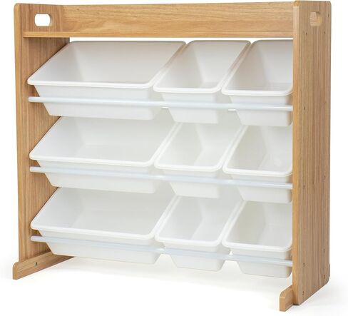 Humble Crew Kids Toy Organizer with Display Shelf, 9 Bins, 3 Tier Storage | Sturdy wood and steel toddler shelf, removable BPA-free containers, wall anchor anti-tip safety kit for bedroom or classroom in Kuwait