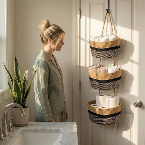 3 Tier Over the Door Hanging Basket, 35" Cotton Woven Organizer with Hooks | woven cotton hanging basket, Black and Beige Stripes Wall Mounted Storage Organizer with Hooks, Bathroom Nursery Dorm Pantry in Kuwait