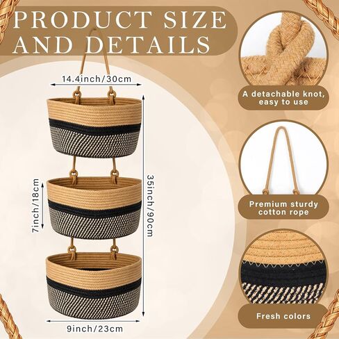 3 Tier Over the Door Hanging Basket, 35" Cotton Woven Organizer with Hooks | woven cotton hanging basket, Black and Beige Stripes Wall Mounted Storage Organizer with Hooks, Bathroom Nursery Dorm Pantry in Kuwait