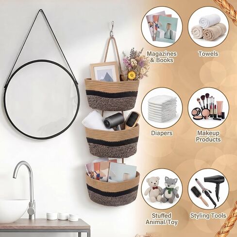 3 Tier Over the Door Hanging Basket, 35" Cotton Woven Organizer with Hooks | woven cotton hanging basket, Black and Beige Stripes Wall Mounted Storage Organizer with Hooks, Bathroom Nursery Dorm Pantry in Kuwait
