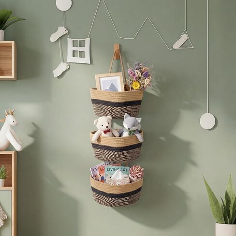 3 Tier Over the Door Hanging Basket, 35" Cotton Woven Organizer with Hooks | woven cotton hanging basket, Black and Beige Stripes Wall Mounted Storage Organizer with Hooks, Bathroom Nursery Dorm Pantry in Kuwait