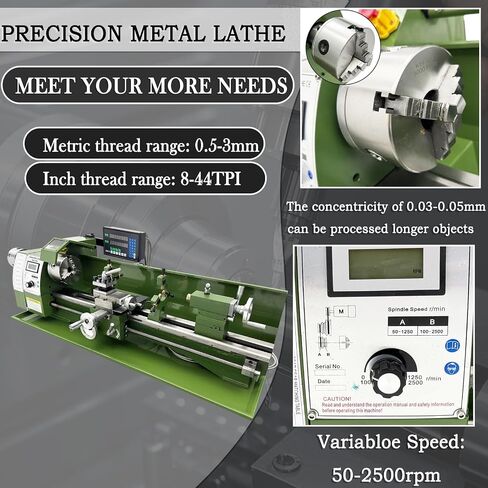 Double-Chuck Metal Lathe 8"x30" Precision Bench Lathe Machine With Grating Ruler 50-2500RPM Variable Speed MT3 0.02mm Accuracy for DIY, Workshops & Industrial Machining Inch Thread 1100W 110V in Kuwait