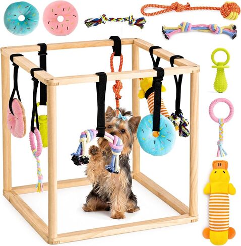 Puppy Play Gym for Small Dogs, Wooden Indoor Dog Playground with Hanging Toys, Interactive Puppy Gym & Jungle Gym for Enrichment, Dog Squeak Toys (17.3 inch) in Kuwait