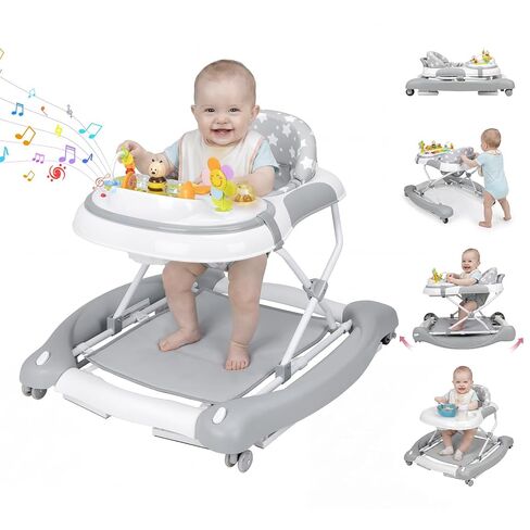 5 in 1 Baby Walker, Music and Lights Foldable Baby Walker with Wheels, 3 Adjustable Heights, with Bouncer Combo, Rocker, Activity Walker for Baby Boy and Girl 6-18 Months (Gray) in Kuwait