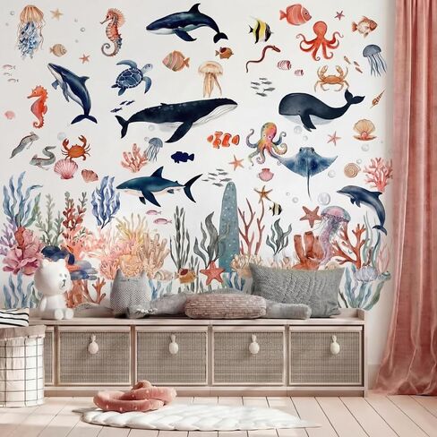 9 Sheet Watercolor Ocean Animal Wall Decals Boho Underwater Sea Life Wall Sticker Marine Life Theme Decals Ocean Animals Nursery Decor for Room Home Sea Creature Beach Party Supply in Kuwait