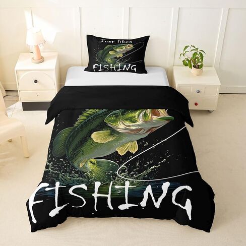 Feelyou Bass Fish Duvet Cover Toddler Size American Flag Bedding Set for Boys Girls Western Wildlife Comforter Cover Bedroom Decor 2Pcs No Comforter Zipper Closure with 1 Pillowcase in Kuwait