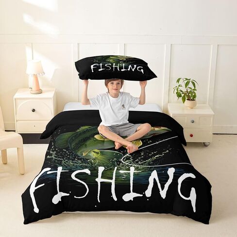 Feelyou Bass Fish Duvet Cover Toddler Size American Flag Bedding Set for Boys Girls Western Wildlife Comforter Cover Bedroom Decor 2Pcs No Comforter Zipper Closure with 1 Pillowcase in Kuwait