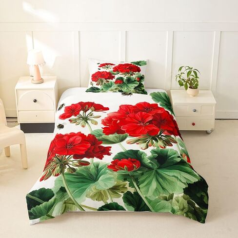 Feelyou Red Floral Duvet Cover Toddler Size Red White Green Bedding Set Breathable Soft Floral Flower Blossom Printed Comforter Cover 2Pcs Bedroom Decor No Comforter Microfiber Zipper Closure in Kuwait