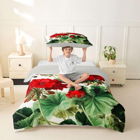Feelyou Red Floral Duvet Cover Toddler Size Red White Green Bedding Set Breathable Soft Floral Flower Blossom Printed Comforter Cover 2Pcs Bedroom Decor No Comforter Microfiber Zipper Closure in Kuwait