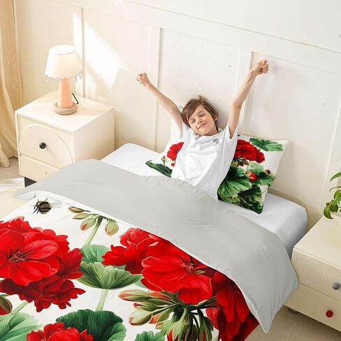 Feelyou Red Floral Duvet Cover Toddler Size Red White Green Bedding Set Breathable Soft Floral Flower Blossom Printed Comforter Cover 2Pcs Bedroom Decor No Comforter Microfiber Zipper Closure in Kuwait
