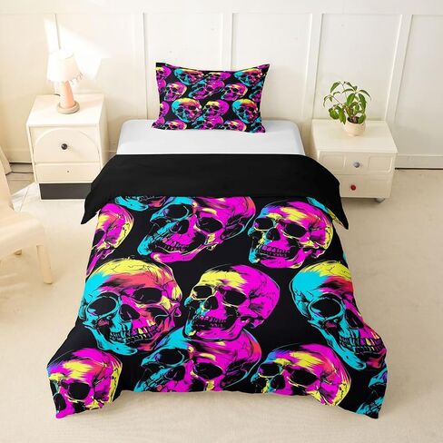 Feelyou Halloween Decor Duvet Cover Toddler Size Skull Bedding Set for Boys Girls Neon Print Comforter Cover Bedroom Decor 2Pcs No Comforter Zipper Closure with 1 Pillowcase in Kuwait