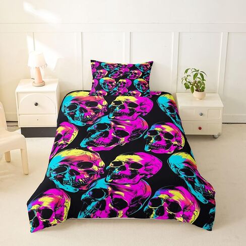 Feelyou Halloween Decor Duvet Cover Toddler Size Skull Bedding Set for Boys Girls Neon Print Comforter Cover Bedroom Decor 2Pcs No Comforter Zipper Closure with 1 Pillowcase in Kuwait