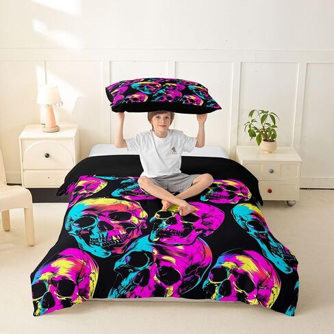 Feelyou Halloween Decor Duvet Cover Toddler Size Skull Bedding Set for Boys Girls Neon Print Comforter Cover Bedroom Decor 2Pcs No Comforter Zipper Closure with 1 Pillowcase in Kuwait