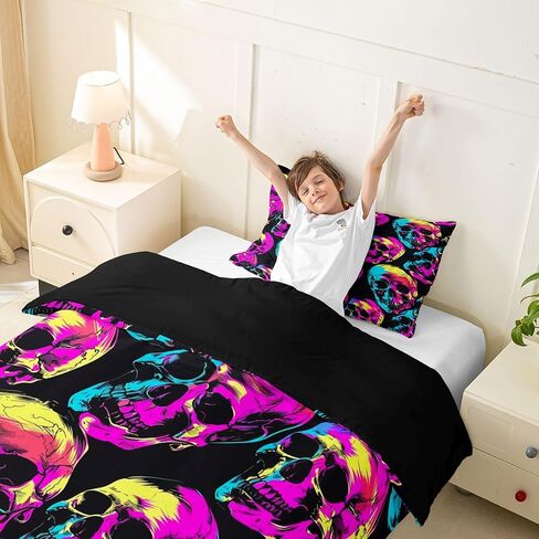 Feelyou Halloween Decor Duvet Cover Toddler Size Skull Bedding Set for Boys Girls Neon Print Comforter Cover Bedroom Decor 2Pcs No Comforter Zipper Closure with 1 Pillowcase in Kuwait