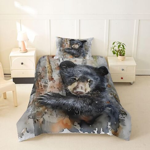 Feelyou Black Bear Duvet Cover Toddler Size Wild Animal Bedding Set Breathable Soft Bear Decor Comforter Cover 2Pcs Rustic Cabin Bedroom Decor No Comforter Microfiber Zipper Closure in Kuwait