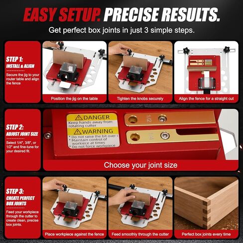 Precision Box Joint Jig for Router Table, 1/4", 3/8" & 1/2" Finger Joint Jig with Metal Linear Rail System, Aluminum Router Dovetail Jig, Adjustable Woodworking Jig for Drawers, Cabinets & Boxes in Kuwait