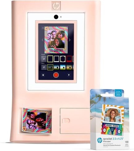HP Sprocket Photo Booth + 110 3x4 Zink Paper Sheets, Digital Instant Color Photo Printer, 10.1" Touchscreen Photobooth, LED Ring Light, Customize w/ 250+ Frames, Share via QR Code, Mobile App, Pink in Kuwait