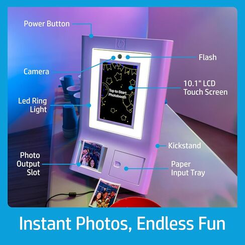 HP Sprocket Photo Booth + 110 3x4 Zink Paper Sheets, Digital Instant Color Photo Printer, 10.1" Touchscreen Photobooth, LED Ring Light, Customize w/ 250+ Frames, Share via QR Code, Mobile App, Pink in Kuwait