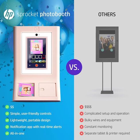 HP Sprocket Photo Booth + 110 3x4 Zink Paper Sheets, Digital Instant Color Photo Printer, 10.1" Touchscreen Photobooth, LED Ring Light, Customize w/ 250+ Frames, Share via QR Code, Mobile App, Pink in Kuwait
