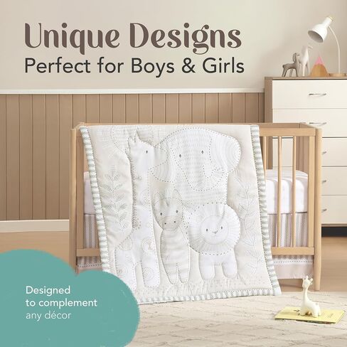 The Hōmistry 3-Piece Crib Bedding Set for Boys & Girls – Reversible Quilt, Fitted Sheet, Crib Skirt – Soft, Breathable & Durable Microfiber – Delicate Jungle Theme in Kuwait